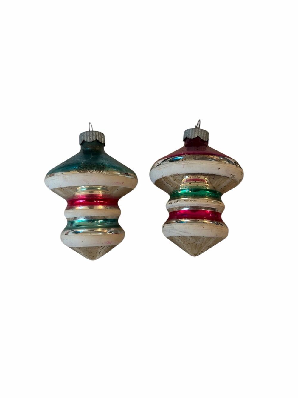 Vtg Mid-Century Shiny Brite "Atomic UFO / Tornado" Glass Ornaments – Set of 2